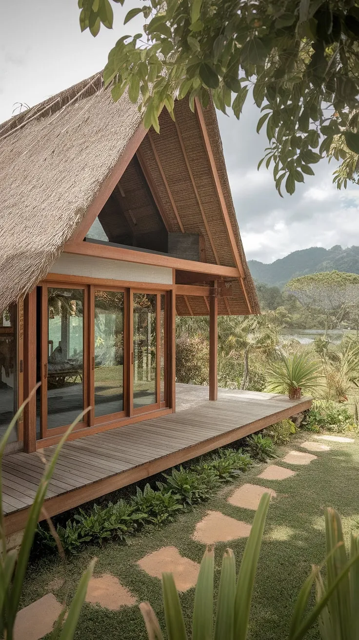 A modern Thai-style house, nestled in lush greenery and boasting a thatched roof, offers a tranquil escape in a stunning mountain landscape.