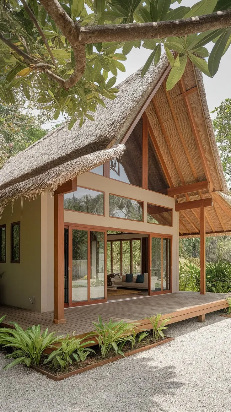 Earthy beige and brown tones highlight a modern Thai house's tropical design, showcasing natural light and lush surroundings
