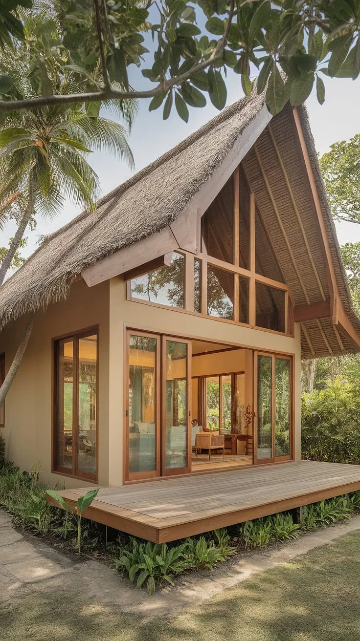 Lush greenery surrounds a modern Thai home of wood and thatch, its large windows inviting natural light.