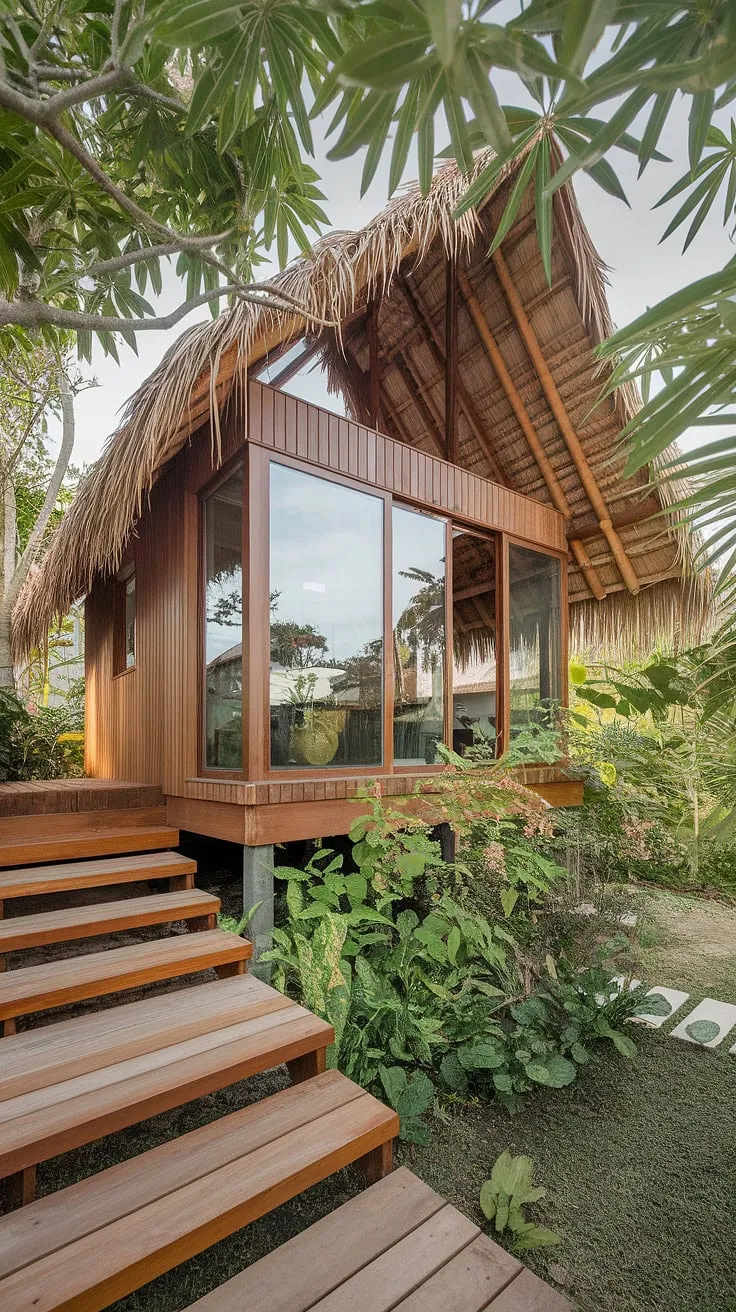 Lush greenery surrounds a modern Thai wooden house with a thatched roof and wooden stairs, epitomizing tropical house design.