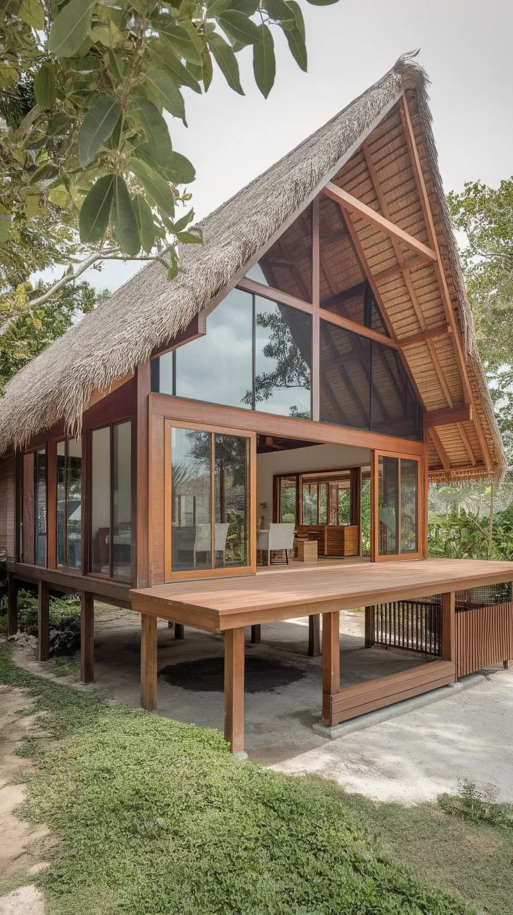 A modern Thai house on stilts boasts a tropical design with a thatched roof, open living space, and lush surroundings.
