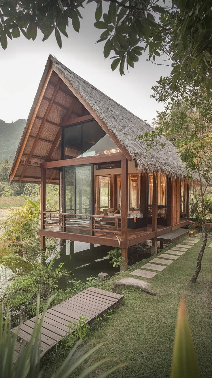 A stilted Thai house, nestled in lush greenery and boasting a thatched roof, offers a tranquil tropical escape.