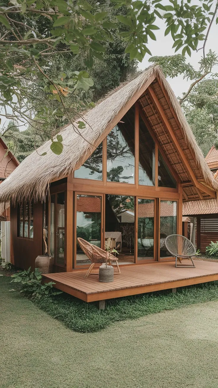 A tranquil Thai home blends modern architecture with traditional thatched roofing and abundant tropical landscaping.
