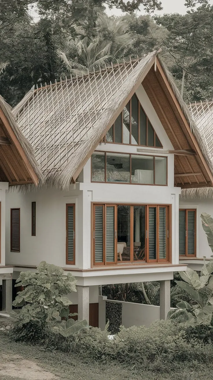 A stunning white Thai house on stilts, featuring a thatched roof and large windows, showcases a harmonious blend of modern and tropical design within a vibrant community.