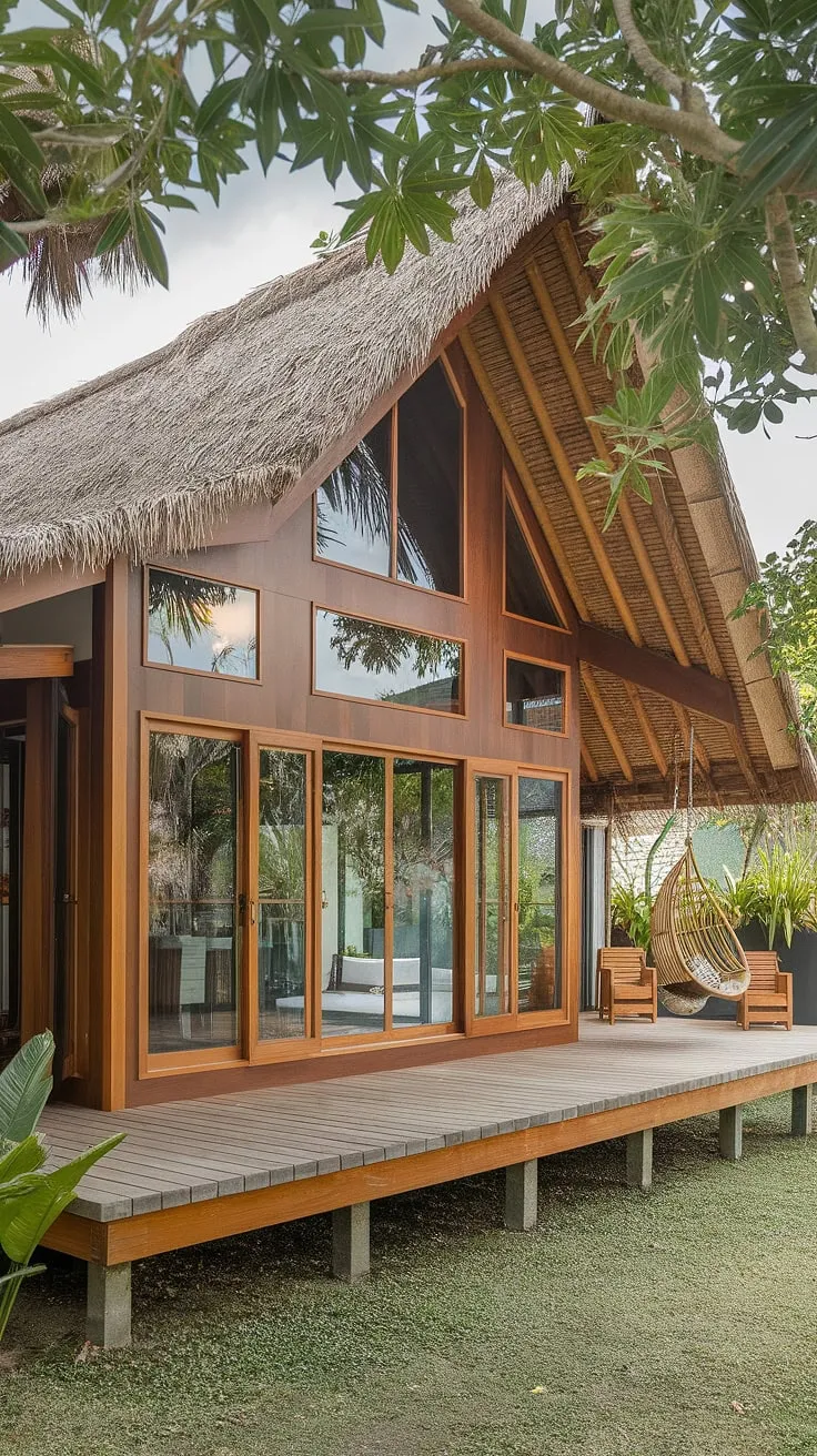 A modern Thai house on stilts offers a tranquil escape, showcasing tropical design and lush surroundings.