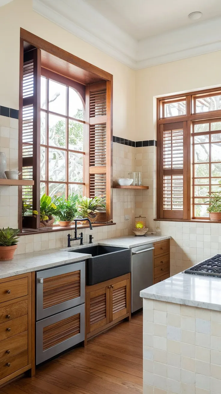 Sunlight streams into a bright, airy tropical kitchen featuring wooden cabinets, marble countertops, and lush potted plants.