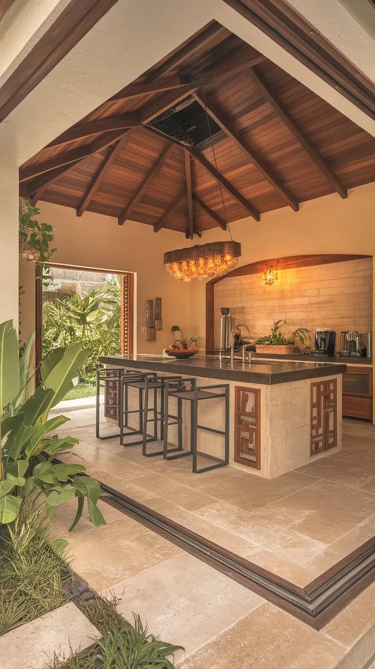 A sleek island anchors this beige-walled kitchen, blending modern design with tropical warmth.