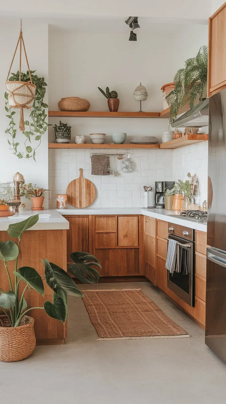 Modern tropical kitchen design features wood cabinetry, white countertops, and pops of greenery