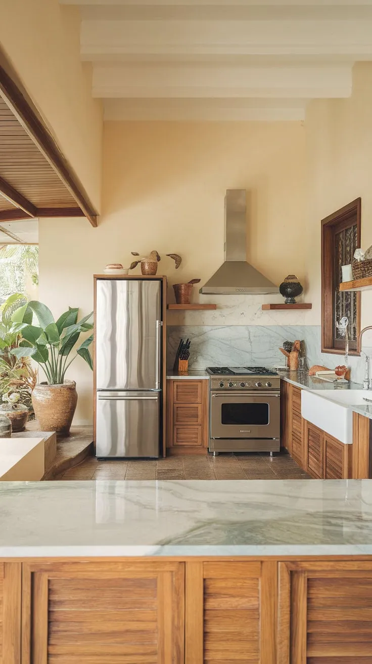 Modern design meets tropical vibes in this kitchen, featuring wood cabinetry, marble countertops, and lush potted plants.