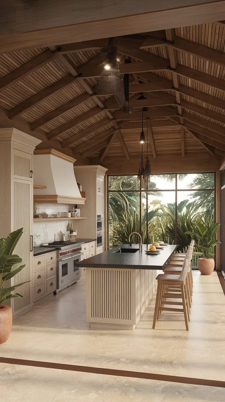 Sunlight streams into a modern tropical kitchen featuring a colonial-inspired wooden ceiling and a black-topped island, creating an airy and inviting space