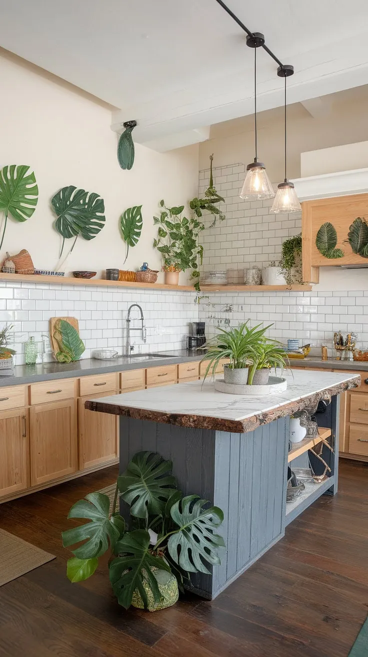 A modern tropical kitchen boasts light wood cabinets, gray countertops, and a dark gray island accented with plants and pendant lights.