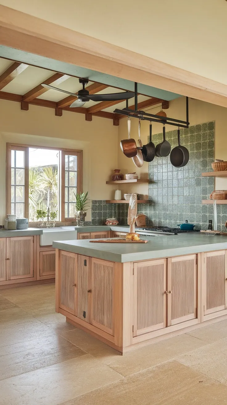 Elegant light wood cabinetry and a green-tiled backsplash create a modern tropical kitchen with colonial charm
