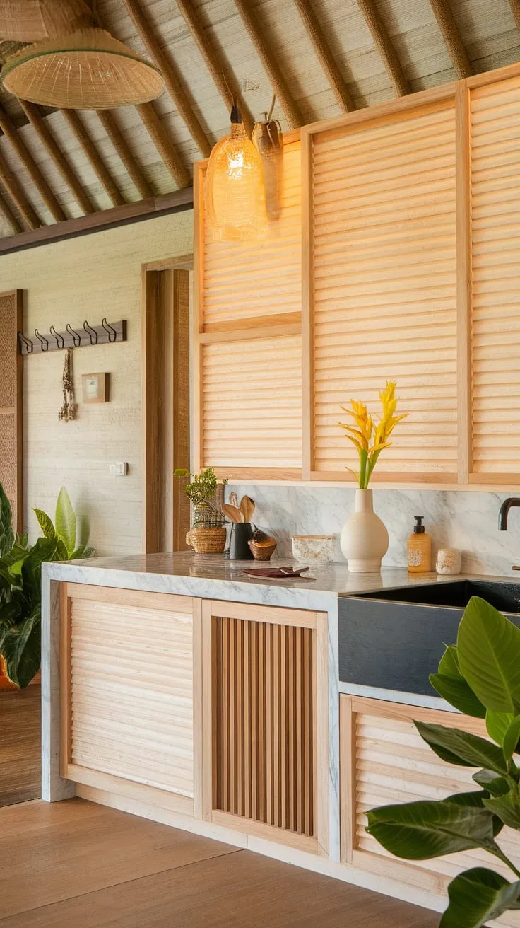 Warm lighting illuminates a modern tropical kitchen, where light wood cabinetry and a marble countertop create a serene cooking space.
