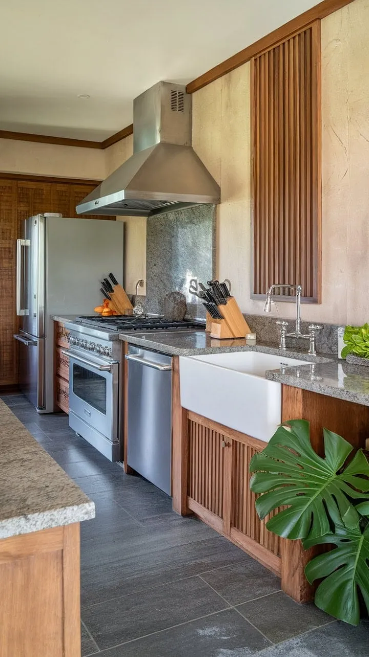 This kitchen masterfully combines natural elements and modern design, creating a serene and functional sanctuary.