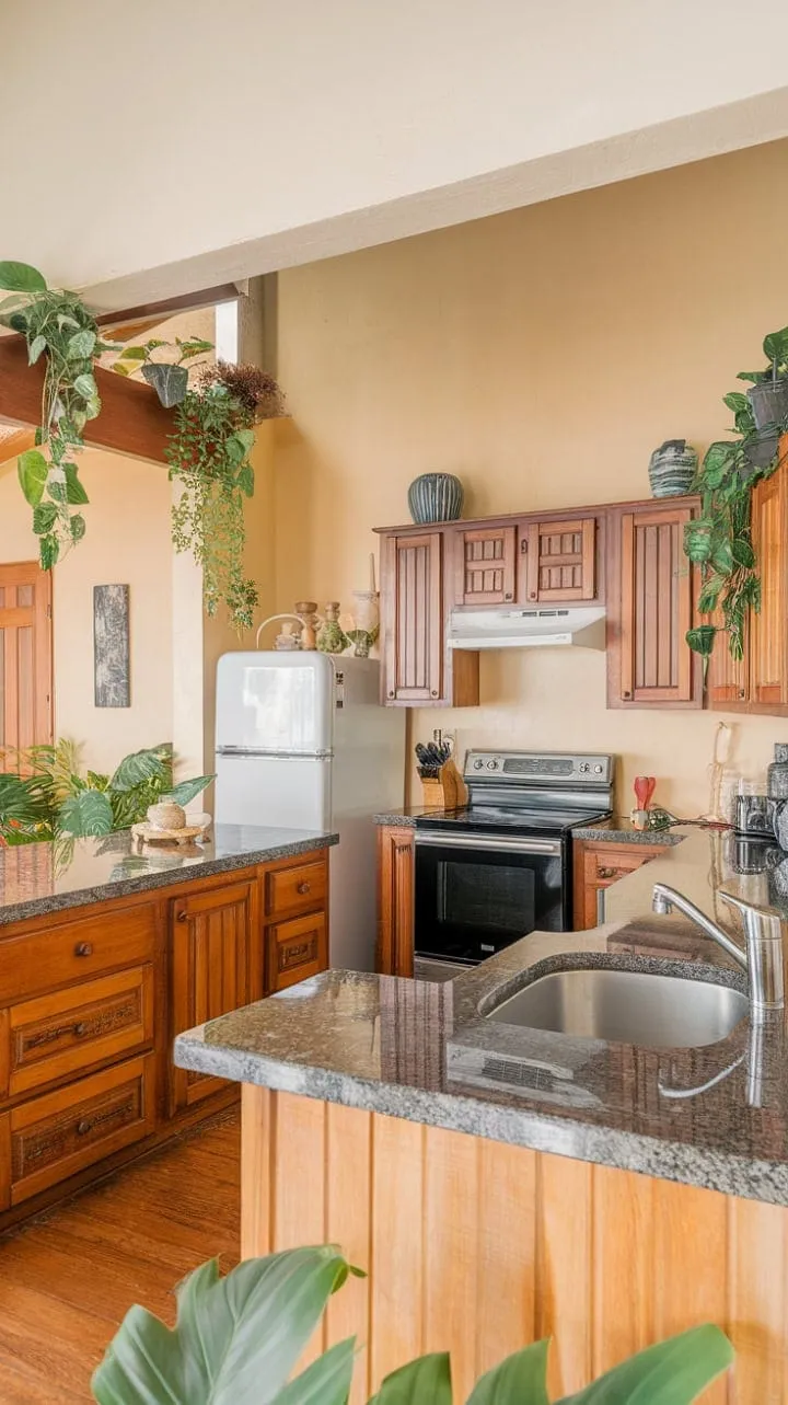 Bathed in sunlight, this tropical-inspired kitchen blends sleek stainless steel and warm wooden tones, creating an inspiring haven for culinary creativity and connection.