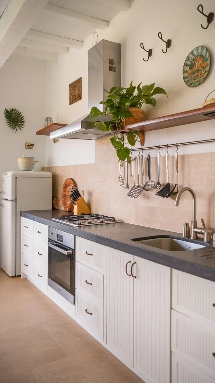 This kitchen harmoniously fuses modern sophistication with tropical allure, featuring calming beige tones and sleek grey accents for an airy yet grounded ambiance.
