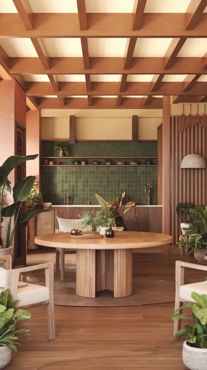 This modern tropical kitchen harmoniously blends warm wood tones and a vibrant green backsplash, creating a serene oasis that invites delightful meals and conversations around a round dining table nestled among lush greenery.