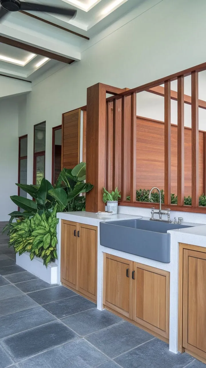This kitchen blends modern tropical vibes with minimalist design, featuring a striking contrast of grey and white against warm wood, enhanced by lush greenery for a serene, functional paradise.
