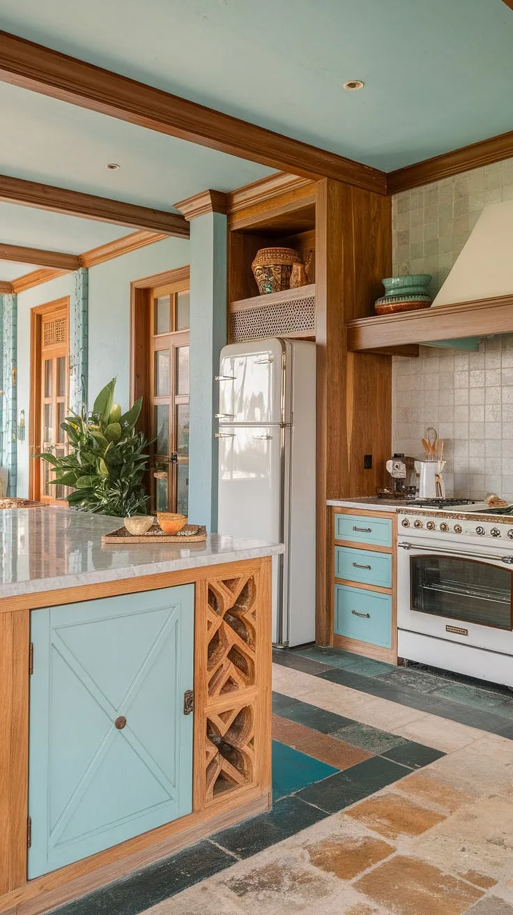 A light blue and wood tropical kitchen blends modern design with colonial charm.