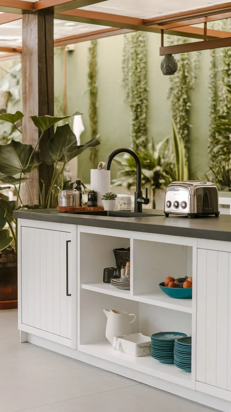 Modern white cabinetry and dark countertops create a stylish tropical kitchen oasis, accented by greenery and natural wood.