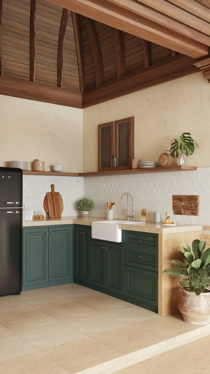 A modern tropical kitchen blends colonial design with dark green cabinets and beige tones for an elegant space.