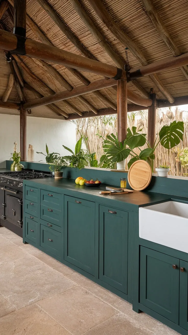 Dark green cabinetry and a rustic wooden ceiling create a modern tropical kitchen haven, complete with potted plants and fresh fruit.