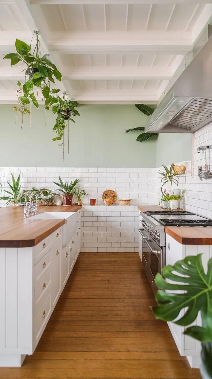 A modern tropical kitchen boasts white cabinets, a wood-topped island, and lush greenery against a backdrop of white tile and soft green walls.