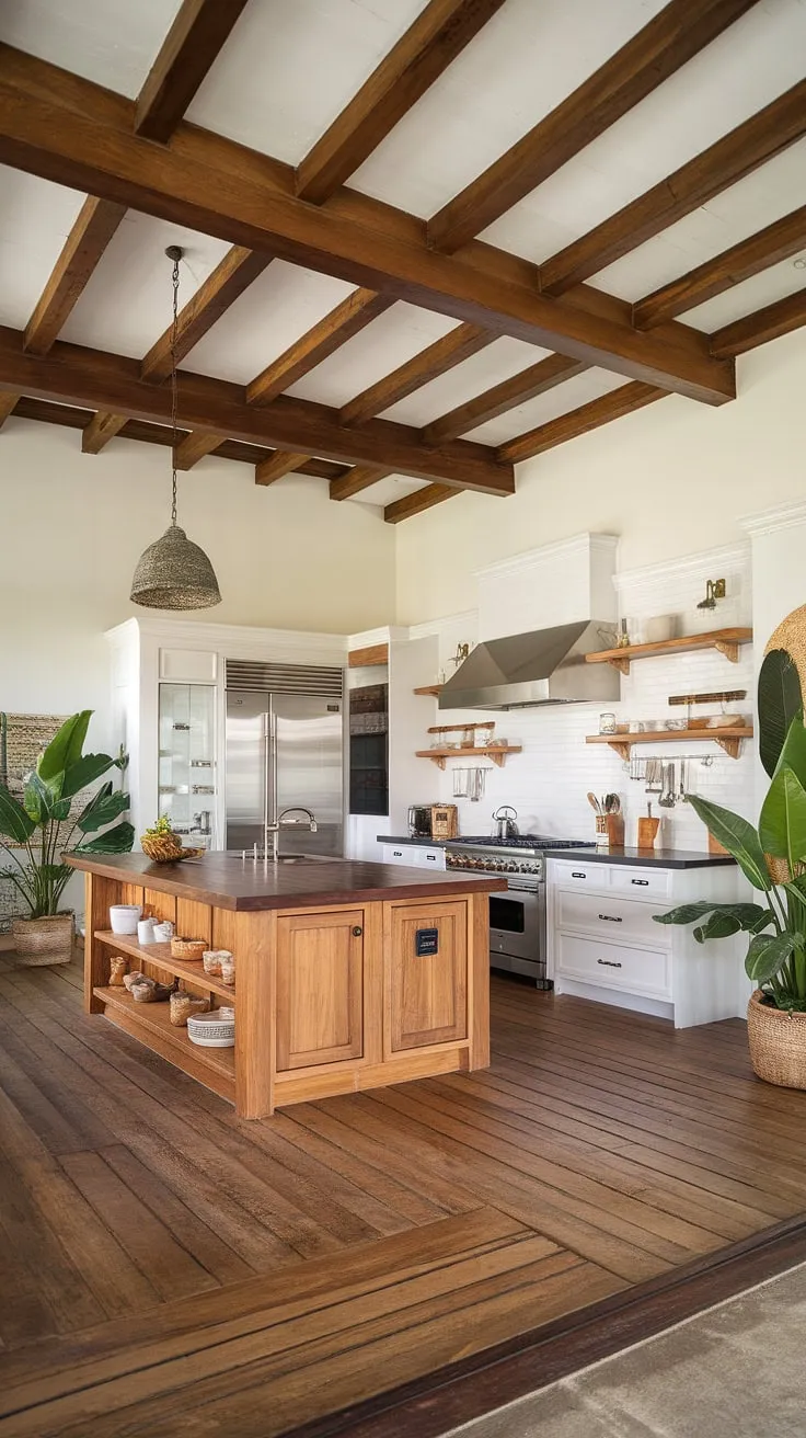A modern tropical kitchen blends colonial charm with sleek appliances and a spacious wooden island, highlighted by high ceilings and natural light.