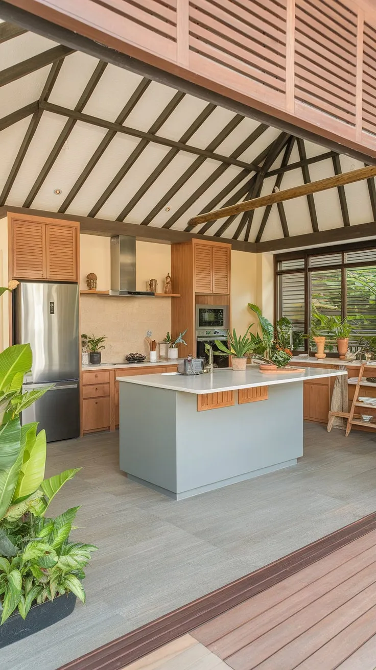 Sunlight streams into a modern tropical kitchen featuring wood cabinetry, a grey island with potted plants, and stainless steel appliances, creating a serene and stylish space.