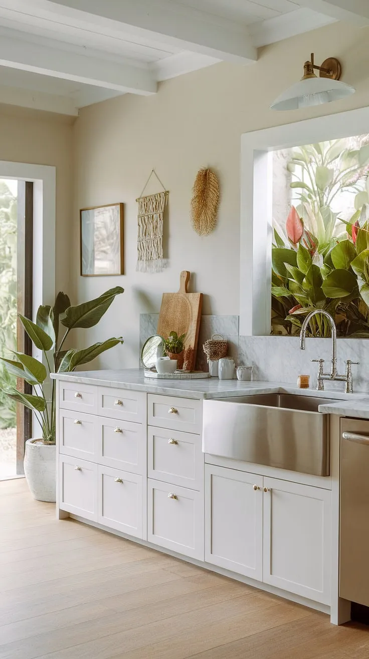 Elegant white cabinetry and marble countertops create a bright, airy tropical kitchen, enhanced by lush greenery views