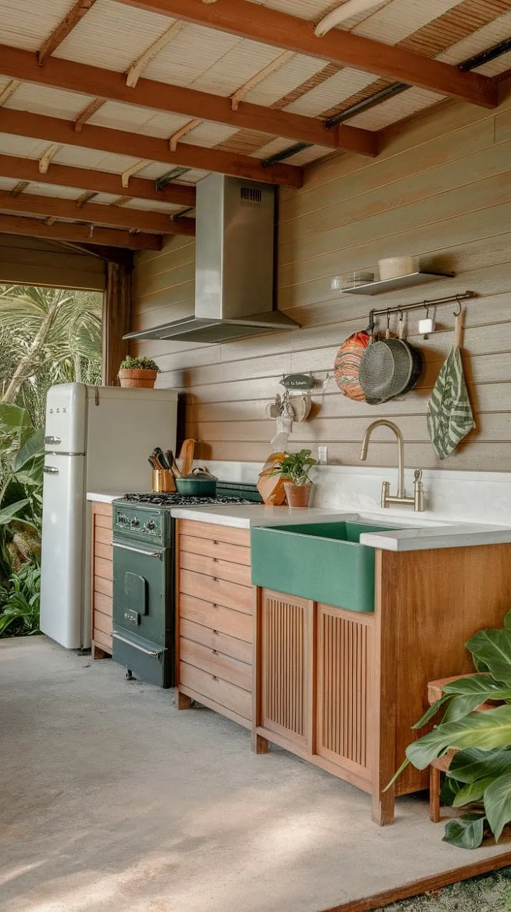 This tropical kitchen harmoniously fuses modern elegance with rustic warmth, featuring a striking green sink that celebrates nature's beauty in everyday design.