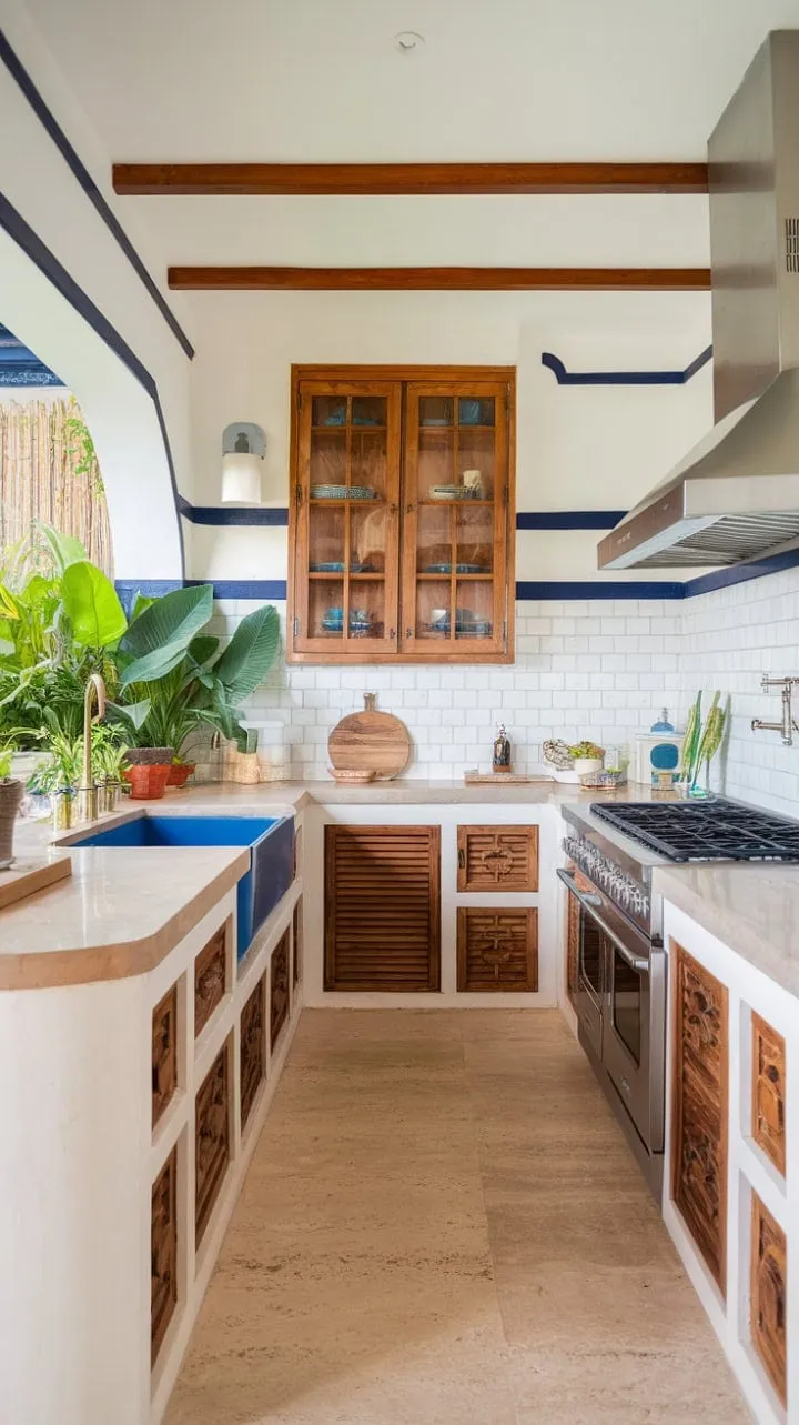 This breathtaking kitchen masterfully blends colonial charm with tropical flair, featuring a striking blue sink and vibrant greenery for an inviting yet sophisticated atmosphere.