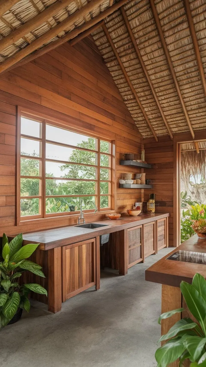 Awakening in a sunlit tropical kitchen, where rustic charm meets modern elegance, feels like a serene embrace of nature's beauty.