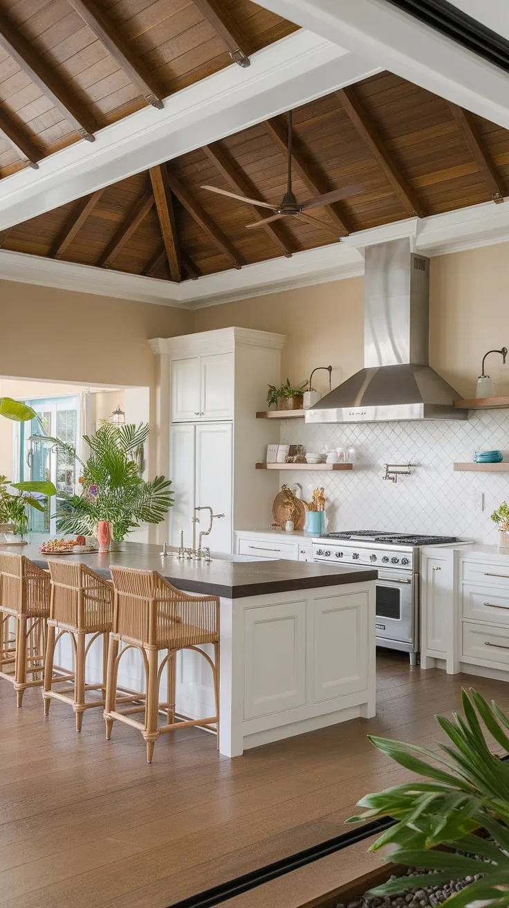 Elegant colonial-inspired tropical kitchen design features a bright airy space with dark countertops and wooden accents