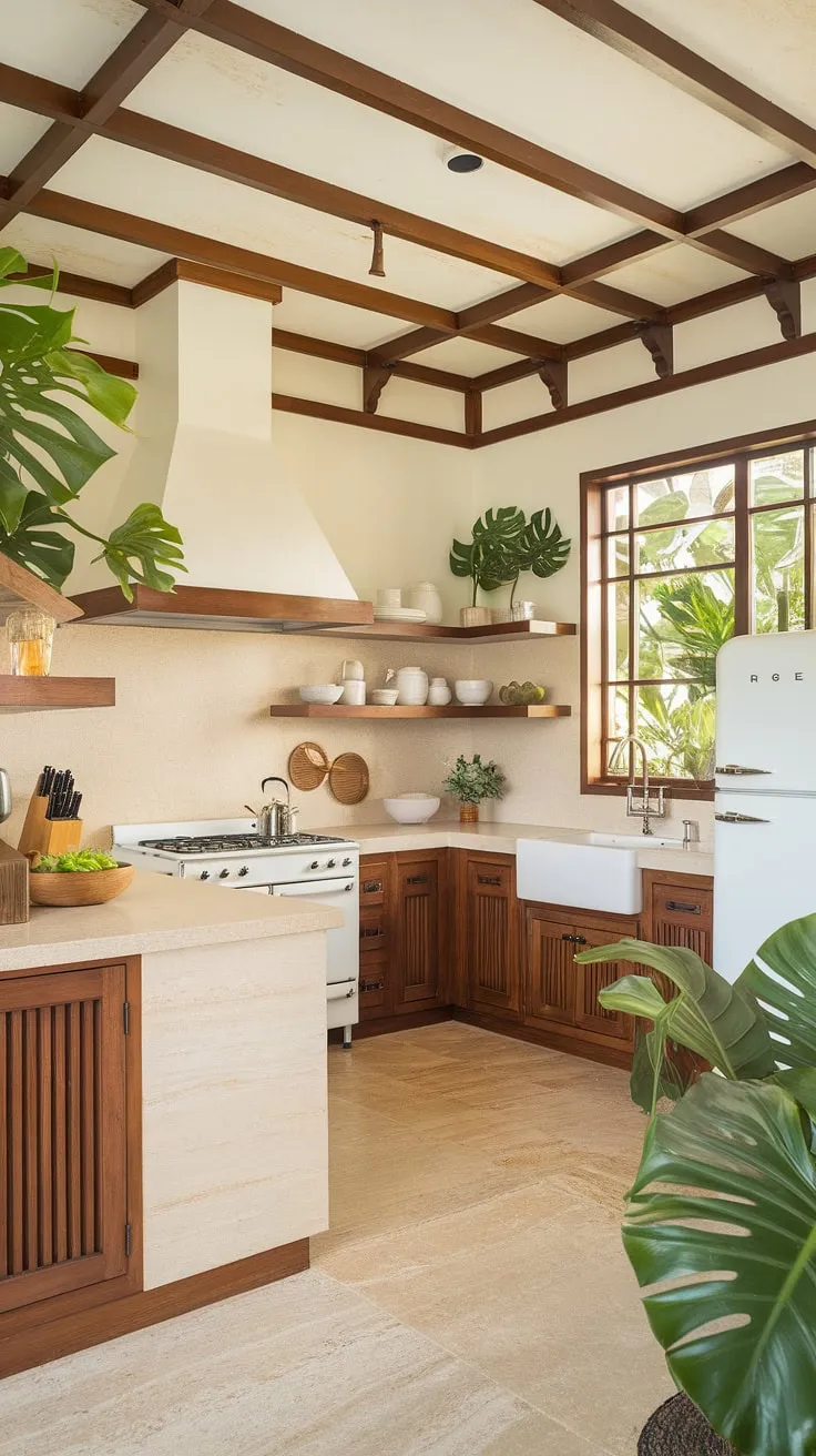 A modern colonial kitchen blends white appliances with warm wood and vibrant plants.