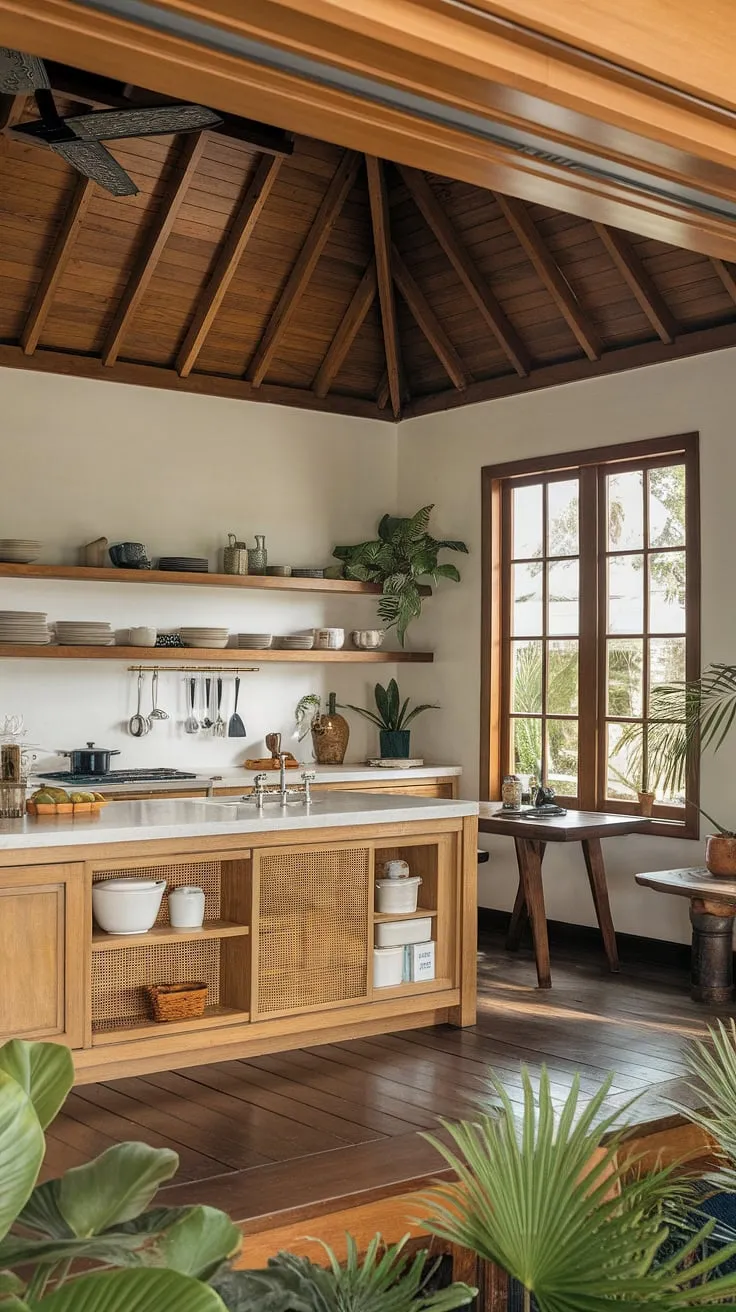 Elegant colonial-inspired design meets modern tropical comfort in this sun-drenched kitchen