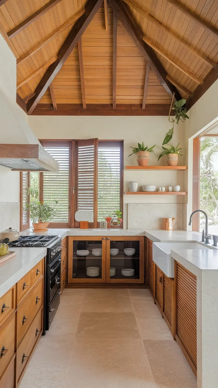 A bright, airy tropical kitchen blends natural wood elements with sleek white appliances.