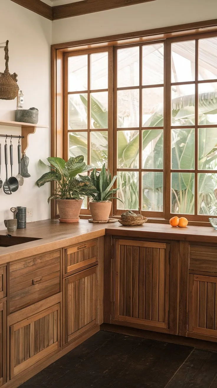 Sunlight streams into a modern tropical kitchen, its wooden surfaces and potted plants creating a warm, inviting colonial atmosphere.