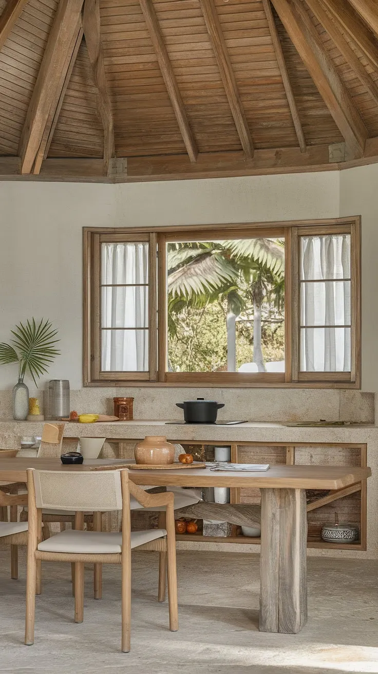 Rustic wood and stone blend in a modern tropical kitchen, creating a warm and inviting space.