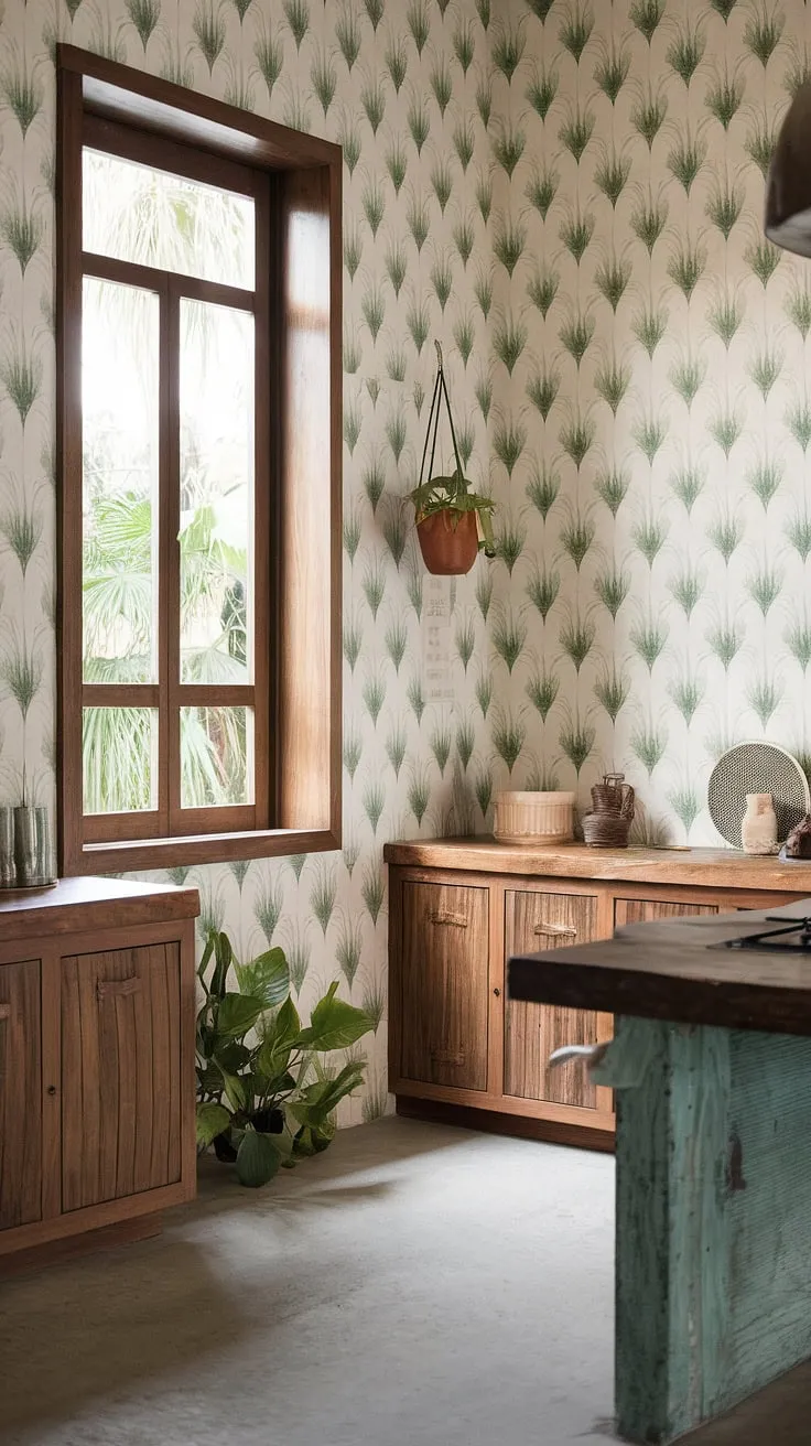 Modern tropical design meets colonial charm in a sunlit kitchen featuring wooden accents and vibrant leaf-patterned walls