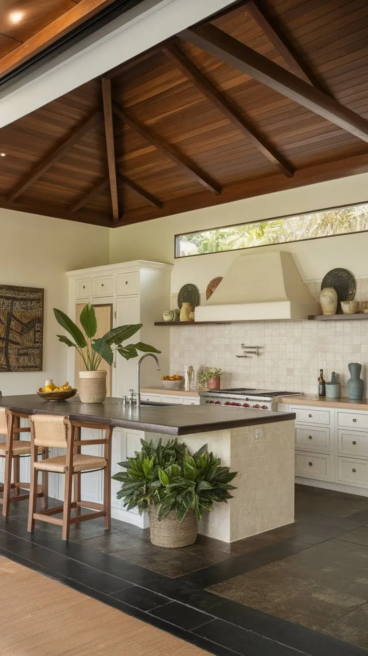 This kitchen masterfully fuses modern elegance with tropical charm, featuring sleek white cabinetry and warm wood accents for an inviting colonial-inspired design.