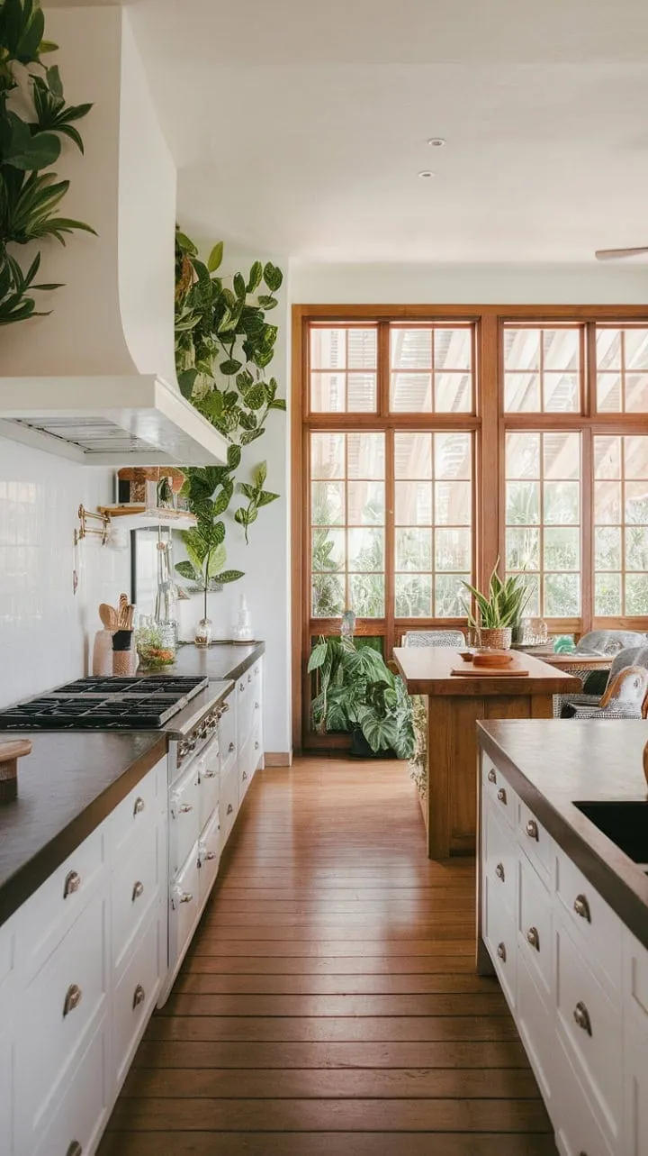 This stunning kitchen harmoniously fuses modern elegance with tropical charm, featuring white cabinetry, dark countertops, and a lush array of plants that invite tranquility and functionality.