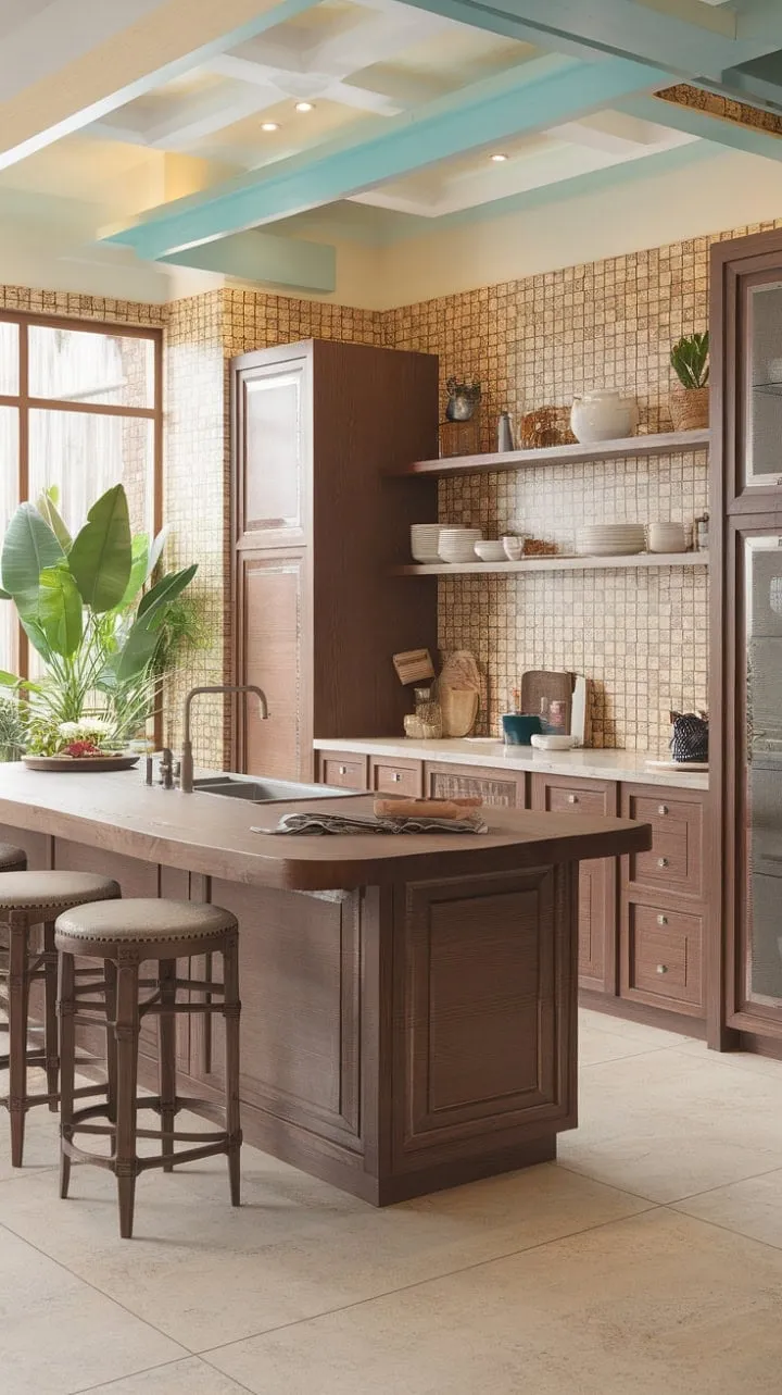 This kitchen harmoniously fuses colonial charm with contemporary flair, featuring a rich wood island, patterned walls, and lush greenery for an inviting yet sophisticated atmosphere.