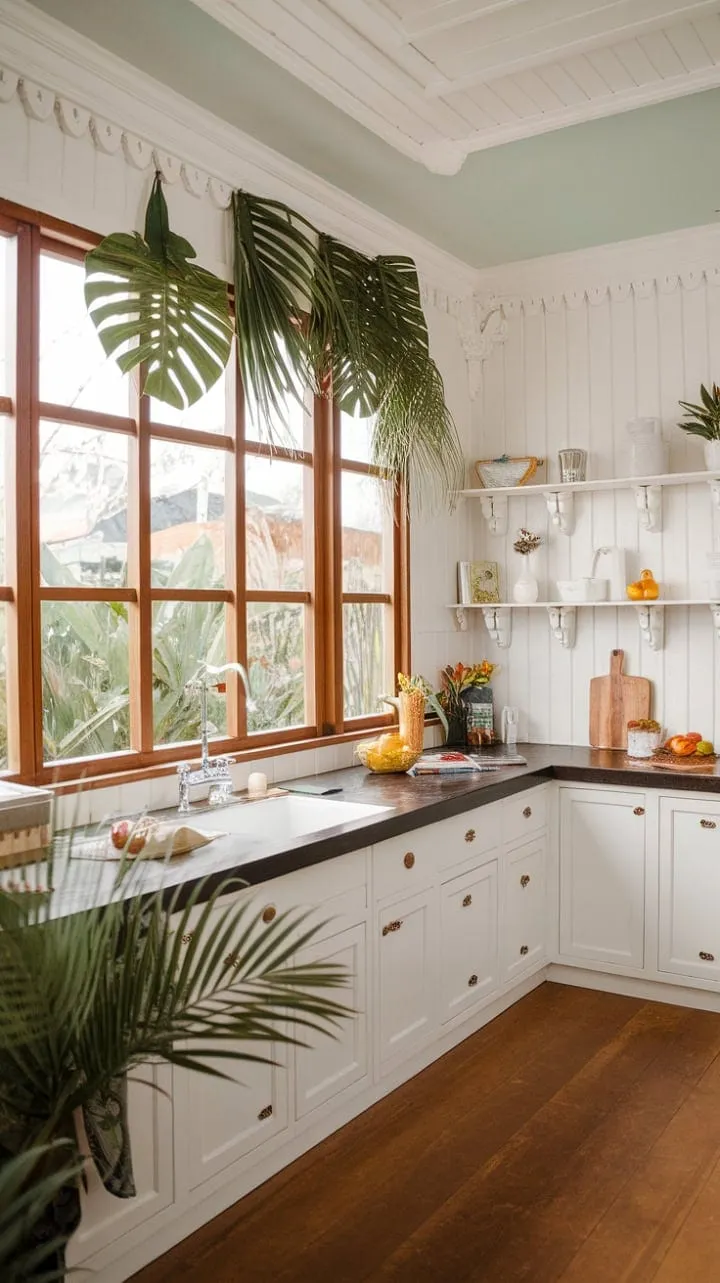 This serene tropical kitchen blends sleek white cabinetry with dark countertops and vibrant greenery, crafting a refreshing oasis of light and tranquility.