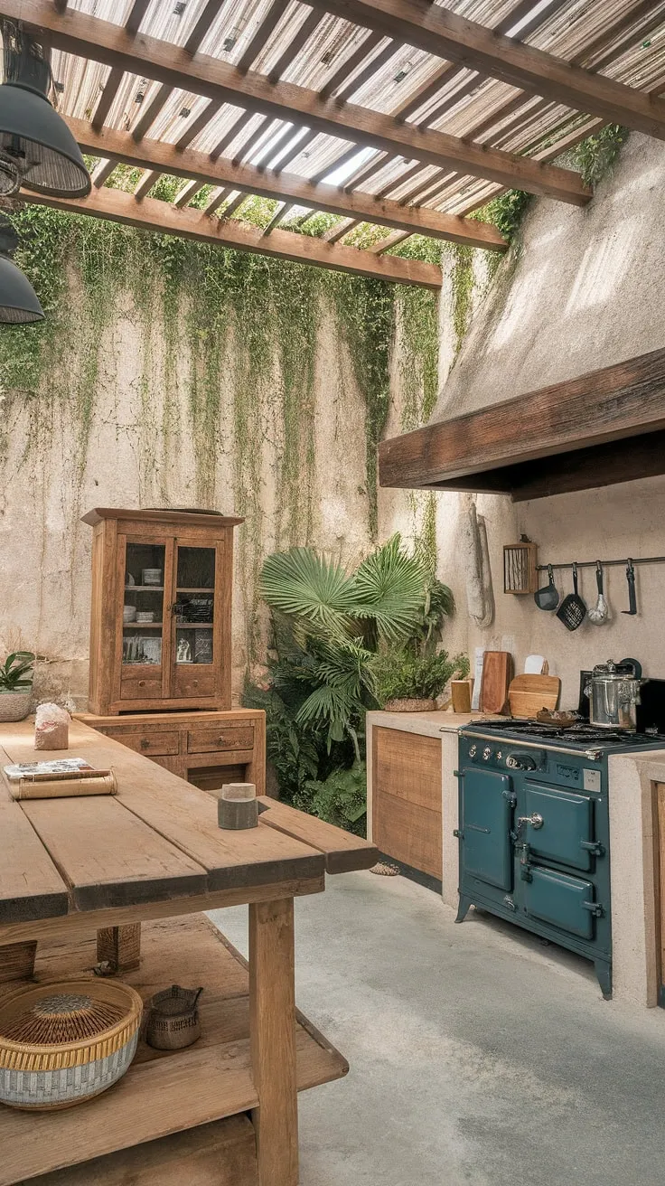 A vintage stove and wooden cabinetry highlight the tropical kitchen's unique blend of old-world elegance and contemporary style.