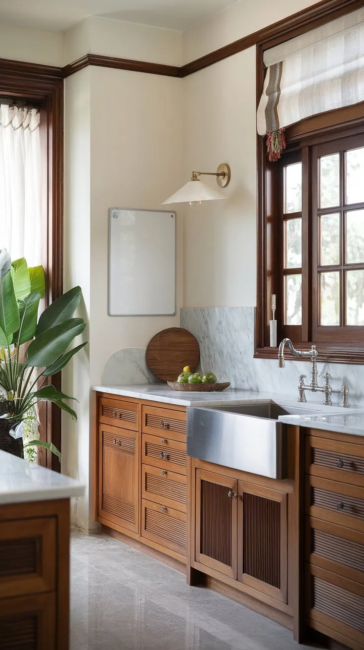 Elegant colonial-style touches enhance a modern tropical kitchen's design
