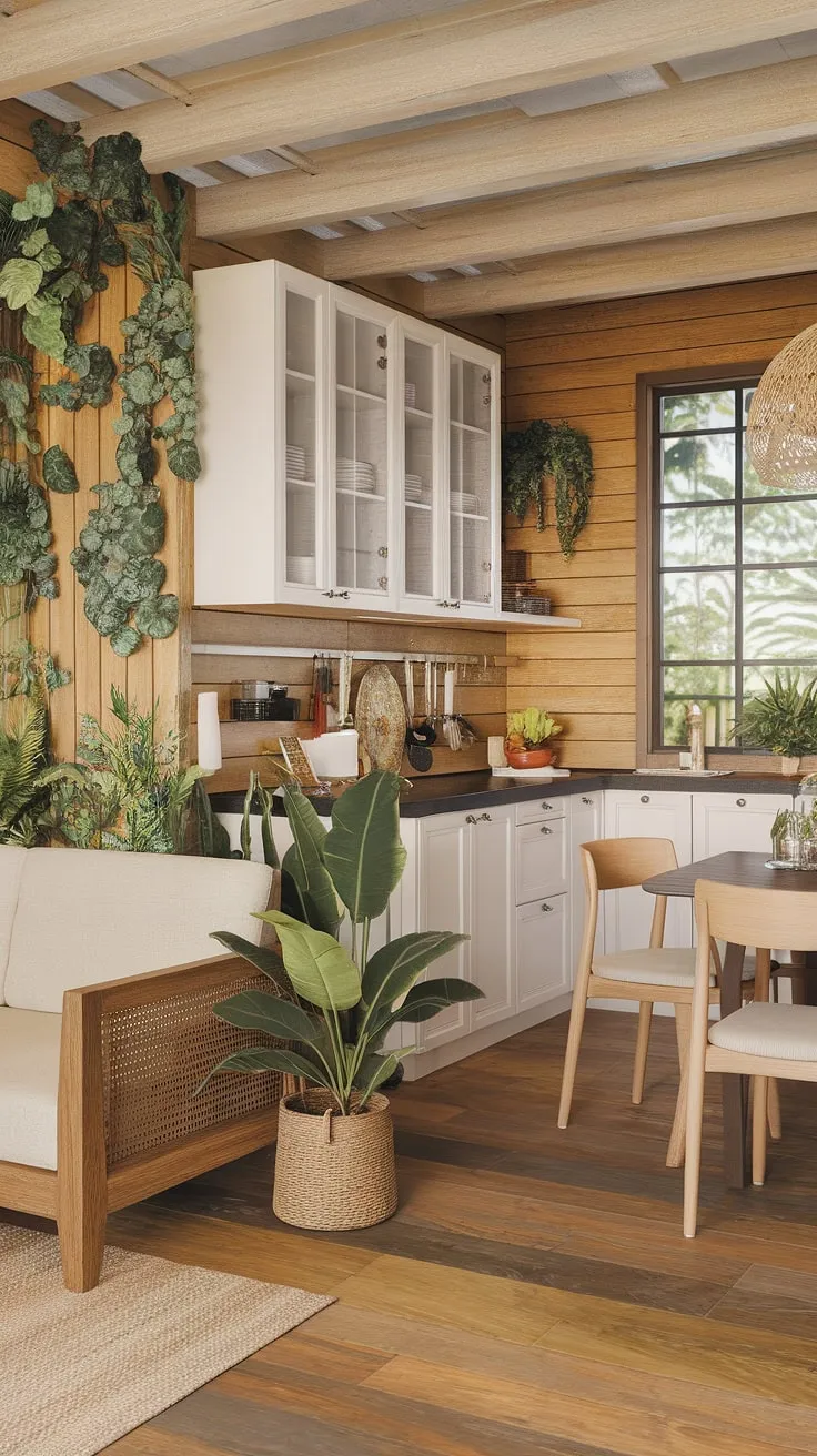 A modern tropical kitchen blends colonial wooden cabin charm with white cabinets, black countertops, and lush greenery.