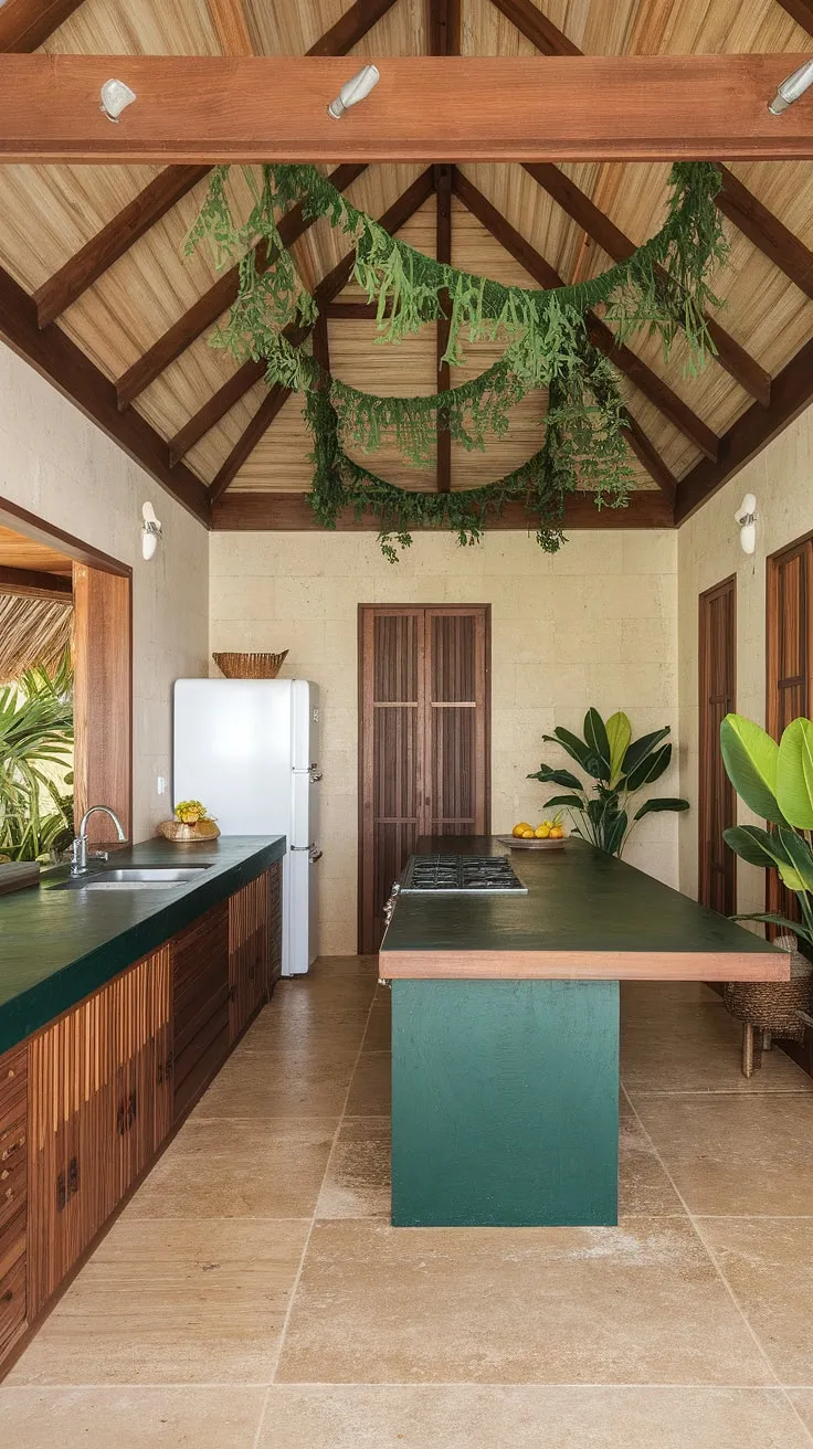 Earthy green accents and warm wood define this tropical kitchen's inviting design