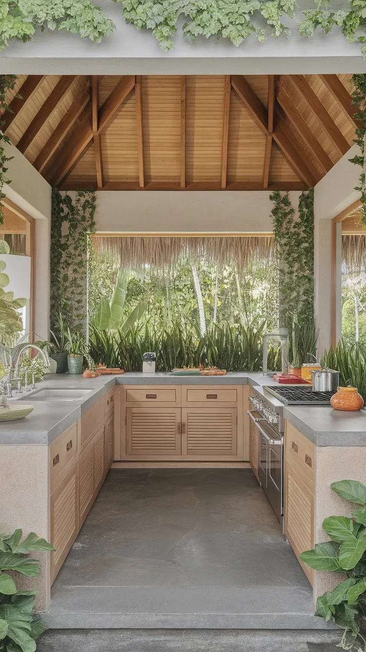 Sunlight streams into a modern tropical kitchen, highlighting light wood cabinetry, grey stone countertops, and vibrant greenery.