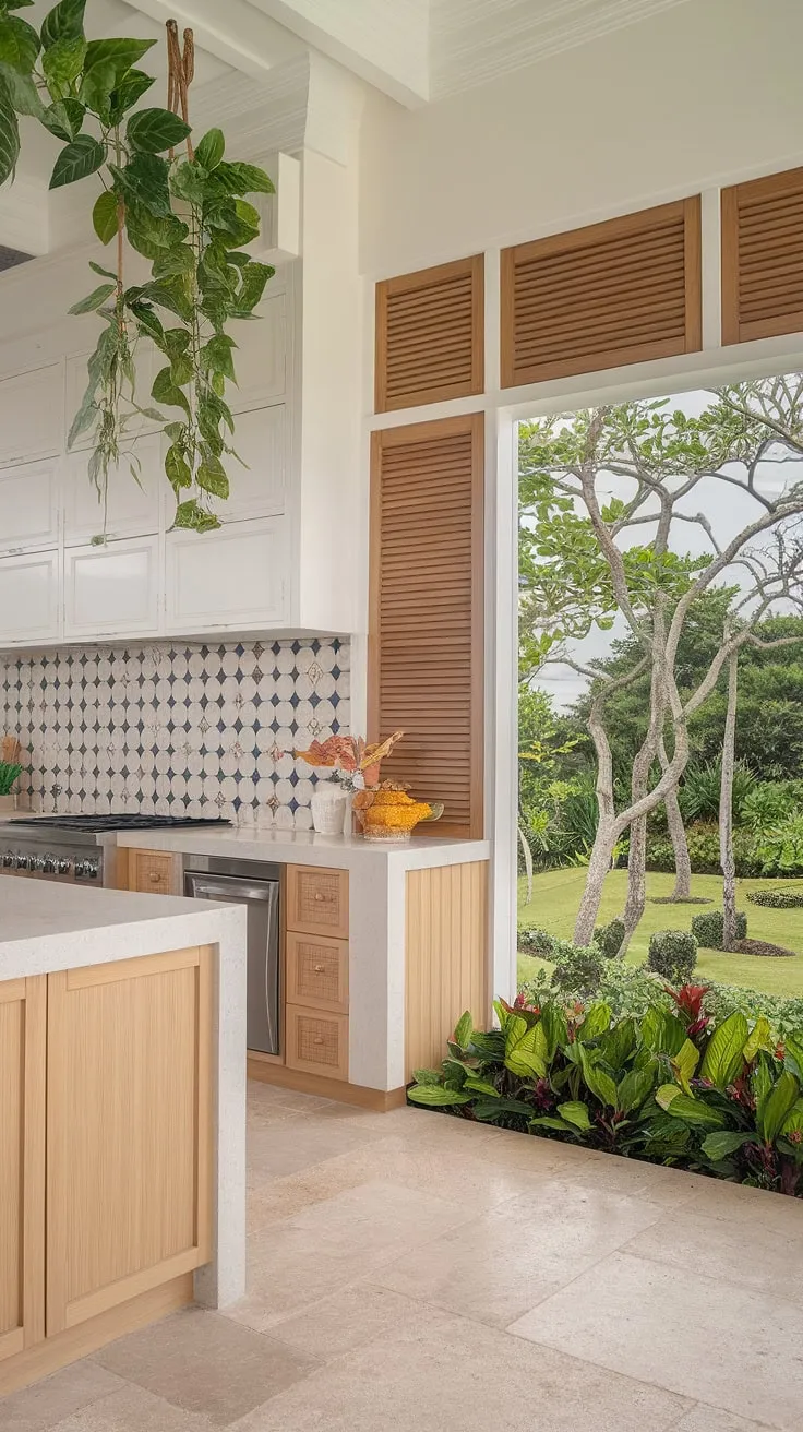 Modern tropical kitchen design features light wood, white countertops, and a vibrant backsplash overlooking lush greenery